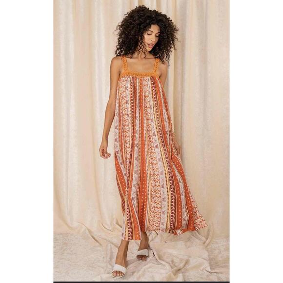 RAGA Dresses & Skirts - Raga Orange Striped Sleeveless Patterned Maxi Dress With Embroidered Trim XS
